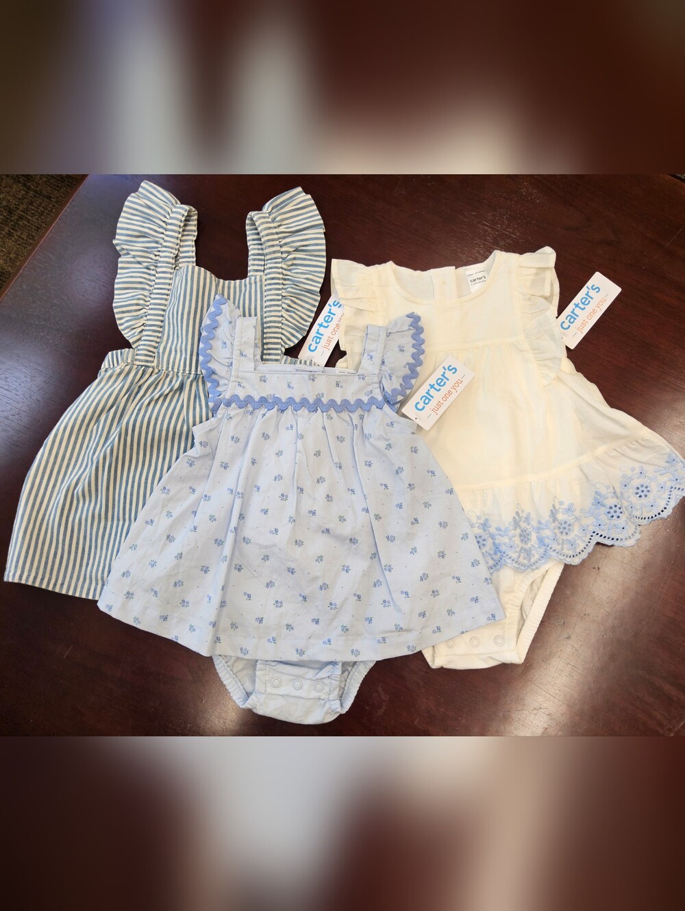 NWT Bundle of Carter's Blue & Cream Baby Girls Skirted Rompers/Dresses